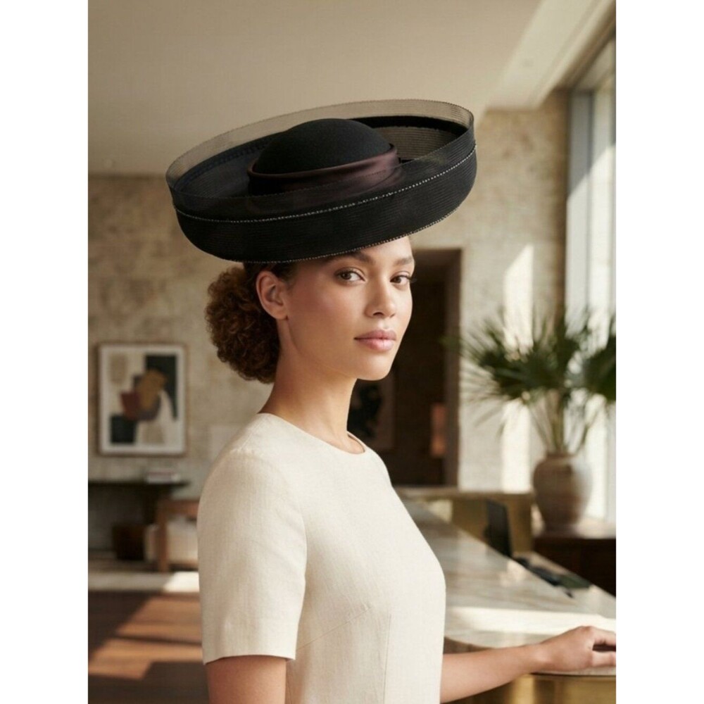 Vintage 1980's Sylvia Black Breton Decorative Women's Hat with Rhinestone Trim